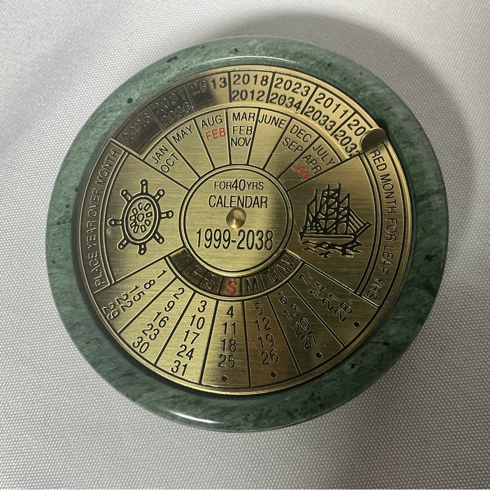 40 Year Calendar 1999-2038 Brass & Jade - Picture 1 of 7